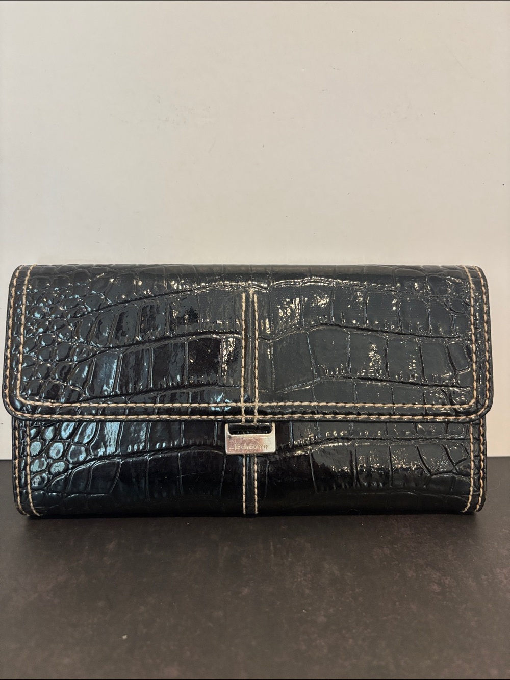 Vintage Liz Claiborne Black Crocodile-Embossed Trifold Clutch Wallet